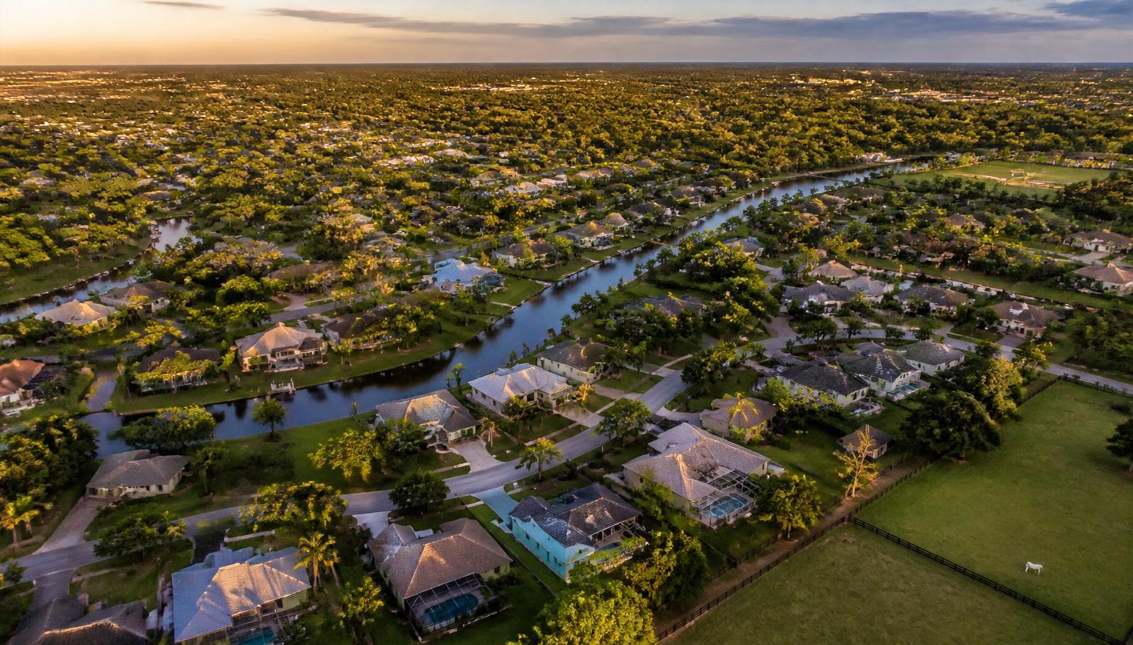 Mora Realty Davie neighborhoods Davie FL — aerial view of residential streets and canals at golden hour