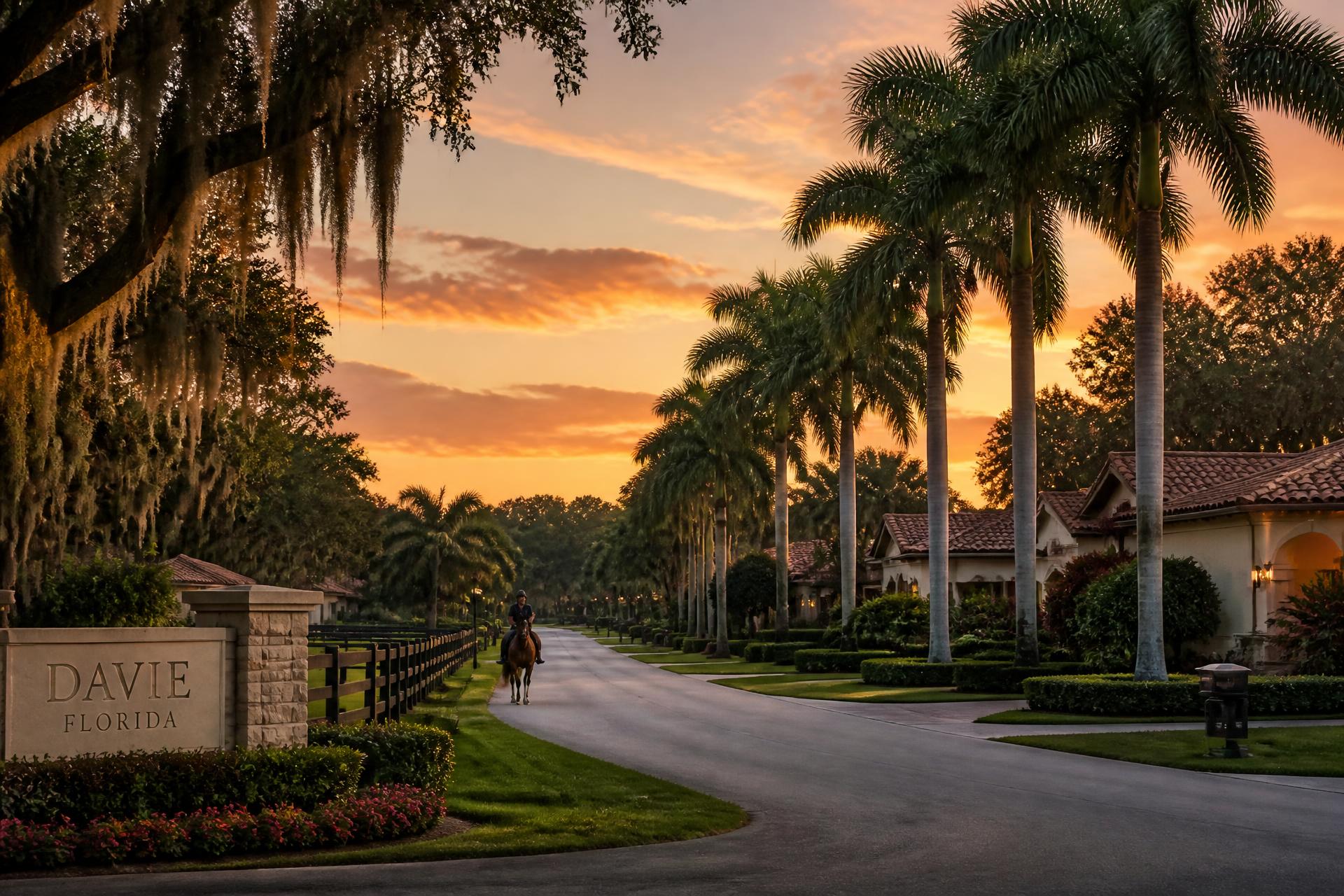 Mora Realty Davie real estate agent Davie FL — palm-lined equestrian street at sunset